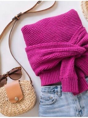 Fuchsia Waffle Knit Sweater Lightweight Spring Summer Layer Sz Small